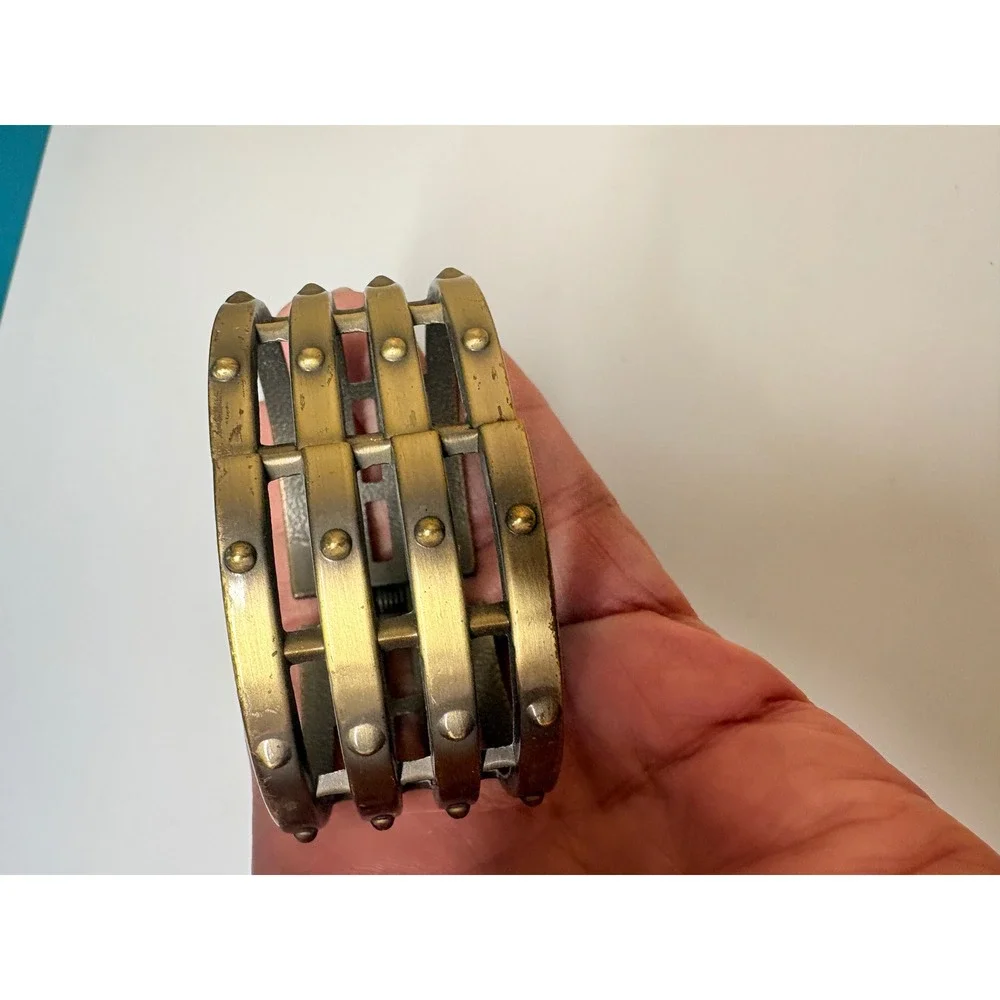 Antique Brass‎ Tone Industrial Four Band Studded Hinge Cuff Bracelet
